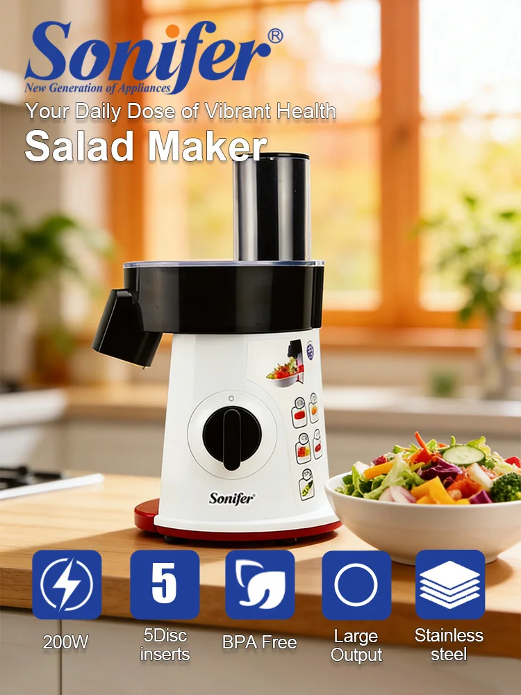 Sonifer SF-5505 5 in 1 Electric Salad Maker 200W Vegetable Slicer Shredder with 5 Stainless Steel Discs XL Feeding Tube 220V
Sonifer SF-5505 5 in 1 Electric Salad Maker 200W Vegetable Slicer Shredder with 5 Stainless Steel Discs XL Feeding Tube 220V
