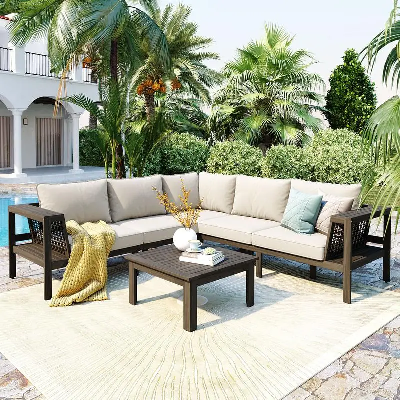 4-Piece Outdoor Acacia Wood Sofa Set with Woven Mesh Armrests, L-Shaped Patio Furniture with Coffee Table, Beige Cushions and
4-Piece Outdoor Acacia Wood Sofa Set with Woven Mesh Armrests, L-Shaped Patio Furniture with Coffee Table, Beige Cushions and