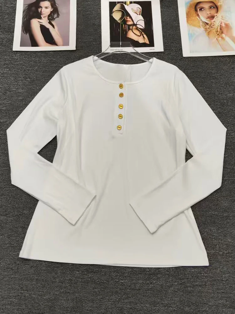 Ретро-футболка с открытым вырезом и круглым вырезом на пуговицах для осени 202, женский модный универсальный вязаный пуловер 
Ретро-футболка с открытым вырезом и круглым вырезом на пуговицах для осени 202, женский модный универсальный вязаный пуловер