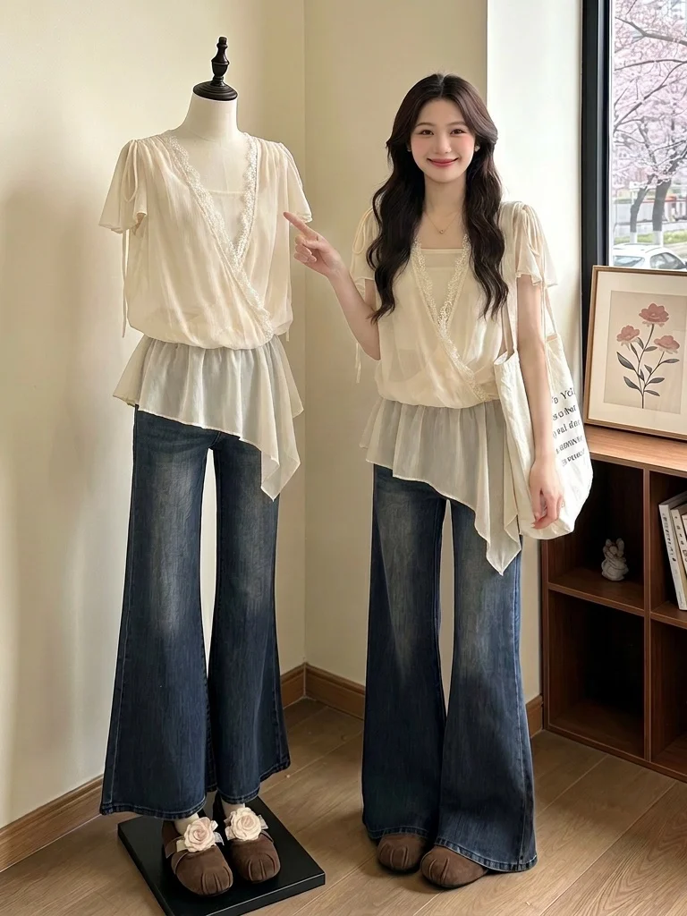Stylish Pleasing V-Neck Chiffon Top Women's plus Size Slimming Uneven Hem Fake Two-Piece Summer New Arrival Korean Style Shirt
Stylish Pleasing V-Neck Chiffon Top Women's plus Size Slimming Uneven Hem Fake Two-Piece Summer New Arrival Korean Style Shirt