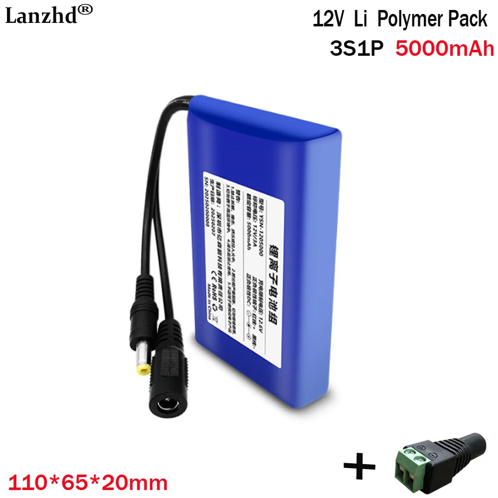 12V polymer lithium battery Pack 3S1P 5000mAh For small sized light strip audio monitoring xenon lamp Led Light
12V polymer lithium battery Pack 3S1P 5000mAh For small sized light strip audio monitoring xenon lamp Led Light