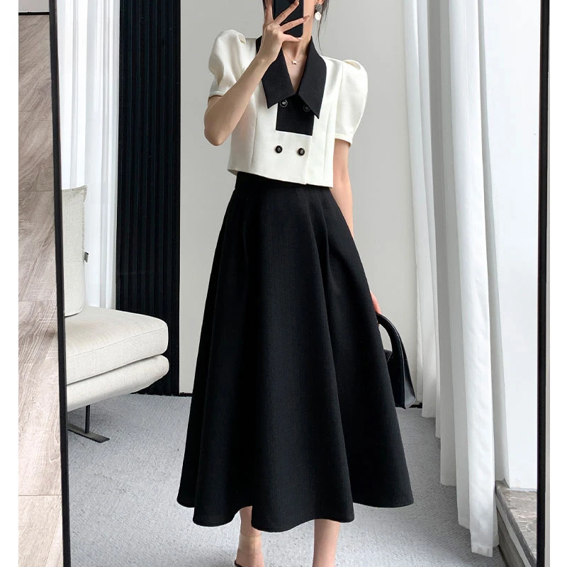 French Elegant Two Piece Sets Vintage Office Puff Sleeve White Crop Top + A Line Black Midi Skirts Suit Retro Summer Outfit E11
French Elegant Two Piece Sets Vintage Office Puff Sleeve White Crop Top + A Line Black Midi Skirts Suit Retro Summer Outfit E11