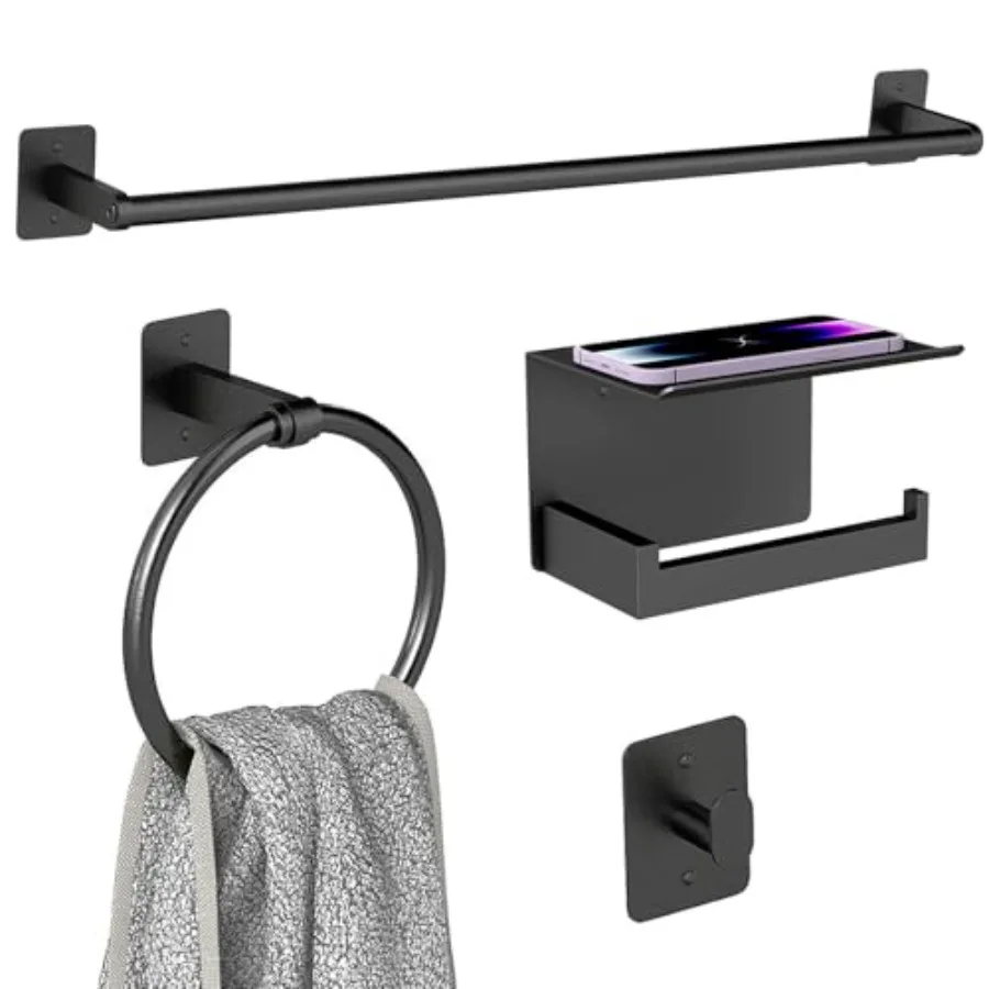Matte Black Bathroom Accessories Set 4-Pieces, Towel Racks for Bathroom 24Inch Towel Bar, Towel Ring, Towel Hooks, Toilet Paper
Matte Black Bathroom Accessories Set 4-Pieces, Towel Racks for Bathroom 24Inch Towel Bar, Towel Ring, Towel Hooks, Toilet Paper