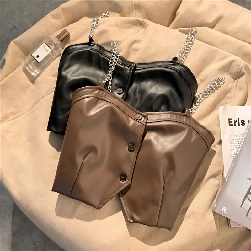 Summer New Fashion Chain Shoulder Strap Leather Camisole Women Slim Elastic Solid Vintage Tanks
Summer New Fashion Chain Shoulder Strap Leather Camisole Women Slim Elastic Solid Vintage Tanks