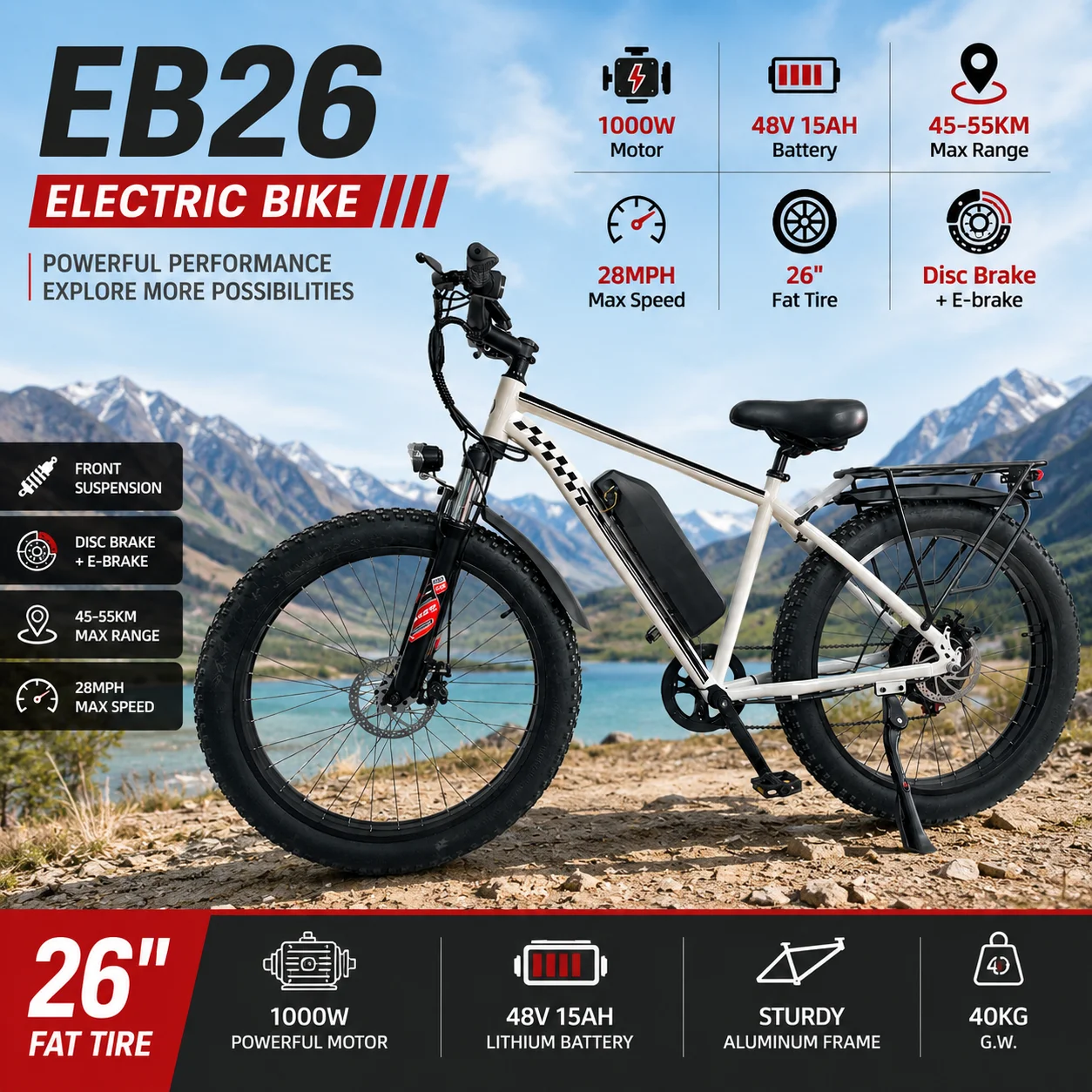 1000W Adult Fat Tire Electric Bike 48V 15Ah Battery 26 Inch Tires Front Suspension Disc Brake 28MPH E-Bike All Terrain E-Bike
1000W Adult Fat Tire Electric Bike 48V 15Ah Battery 26 Inch Tires Front Suspension Disc Brake 28MPH E-Bike All Terrain E-Bike