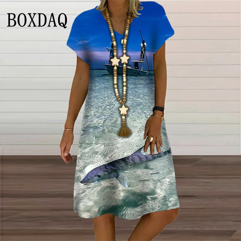 Summer Women'S Dress Beach Style Fishing Pattern Print Dresses Short Sleeve V-Neck Casual Scenery Loose Oversized Women Clothes
Summer Women'S Dress Beach Style Fishing Pattern Print Dresses Short Sleeve V-Neck Casual Scenery Loose Oversized Women Clothes