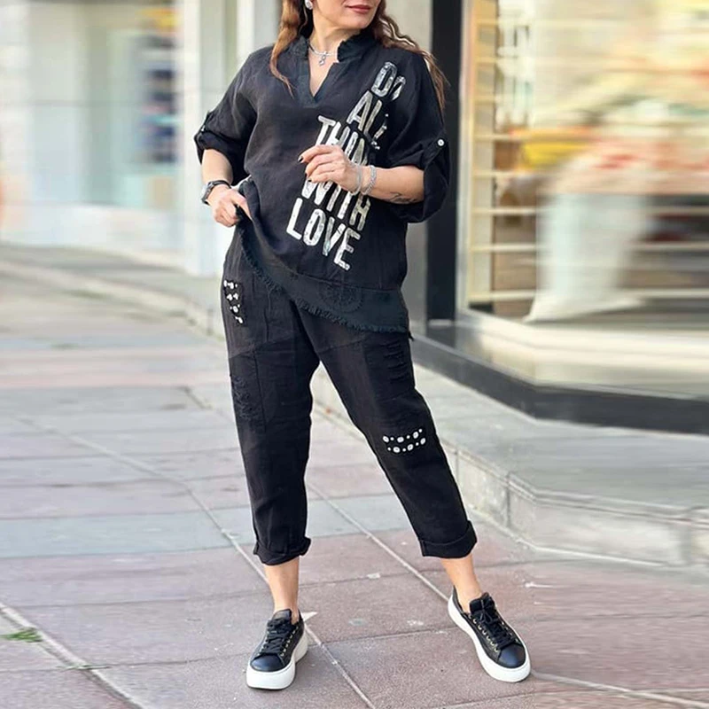 Spring Letter Print Cotton Linen Set Women Casual V-neck Half Sleeve Top Pullover & Pocket Pants Suit Summer Loose Female Outfit
Spring Letter Print Cotton Linen Set Women Casual V-neck Half Sleeve Top Pullover & Pocket Pants Suit Summer Loose Female Outfit