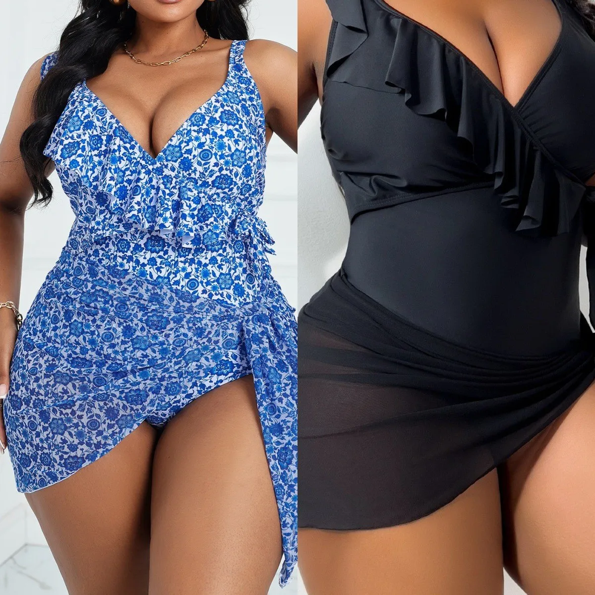 Plus-size Tankini Swimsuit for Woman with Ruffle Trim and Floral Print, Black Bathing Suit with Wrap Skirt and Sheer Overlay
Plus-size Tankini Swimsuit for Woman with Ruffle Trim and Floral Print, Black Bathing Suit with Wrap Skirt and Sheer Overlay