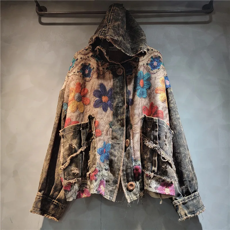 Vintage Woman Contrast Color Flowers Printed Hooded Denim Jacket Distressed Splicing Jeans Coat Pockets Cowboy Cardigan Tops
Vintage Woman Contrast Color Flowers Printed Hooded Denim Jacket Distressed Splicing Jeans Coat Pockets Cowboy Cardigan Tops