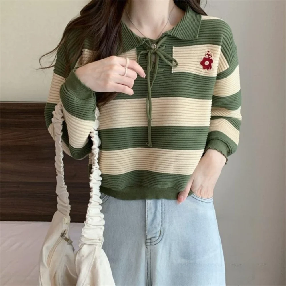 New Striped Long Sleeve Top Turndown Collar Knitted Pullover Shirt Loose Pullover Tops Women
New Striped Long Sleeve Top Turndown Collar Knitted Pullover Shirt Loose Pullover Tops Women