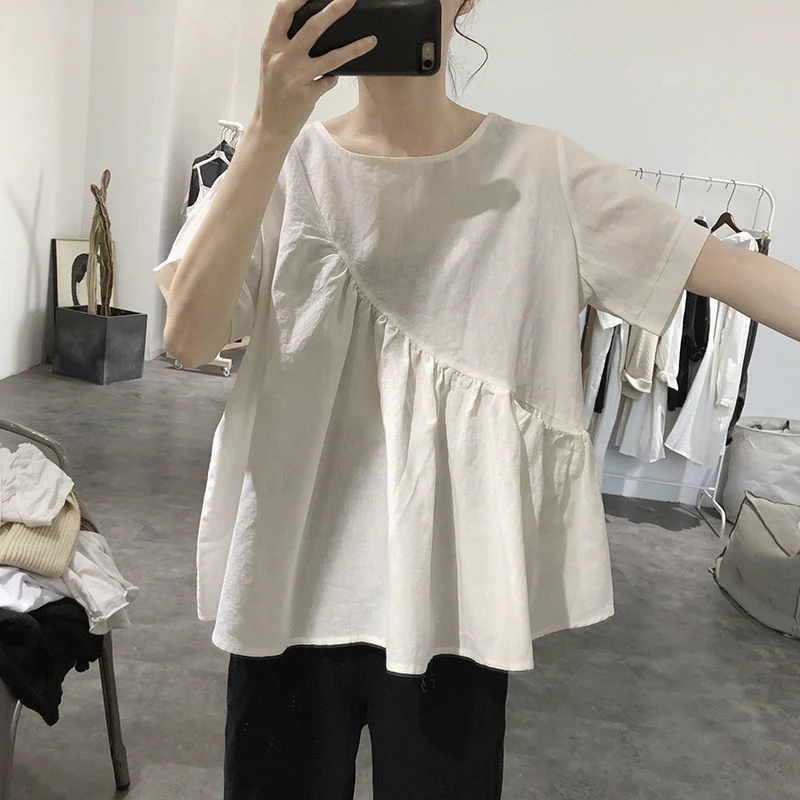 Summer Pleated Women O Neck Short Sleeve T Shirt Cotton Korean Fashion Casual All-match Harajuku 2xl Oversized Clothes Top Sweet
Summer Pleated Women O Neck Short Sleeve T Shirt Cotton Korean Fashion Casual All-match Harajuku 2xl Oversized Clothes Top Sweet