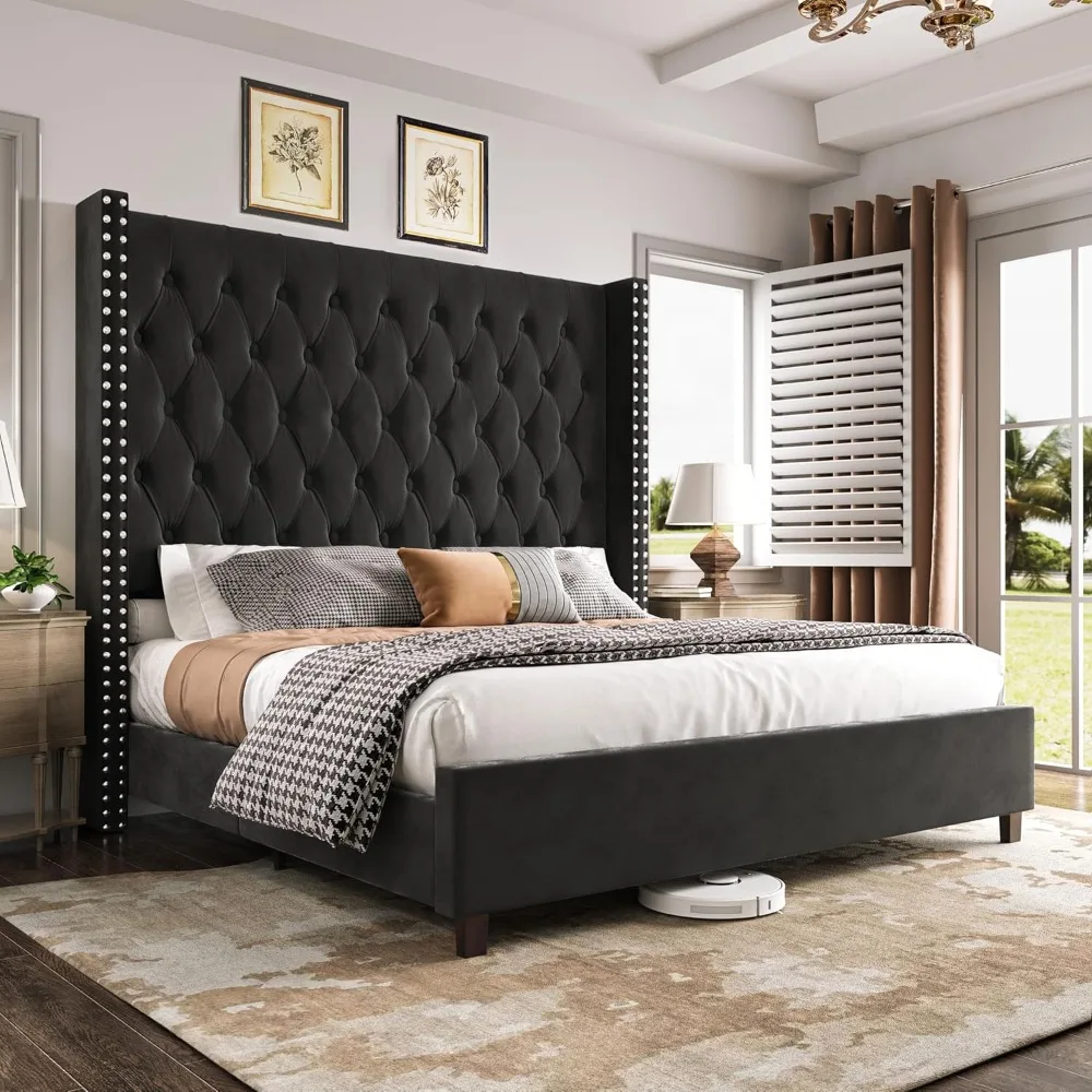King Size Velvet Upholstered Bed Frame with 61.4" High Headboard, Deep Button Tufting, Solid Wood Platform
King Size Velvet Upholstered Bed Frame with 61.4" High Headboard, Deep Button Tufting, Solid Wood Platform