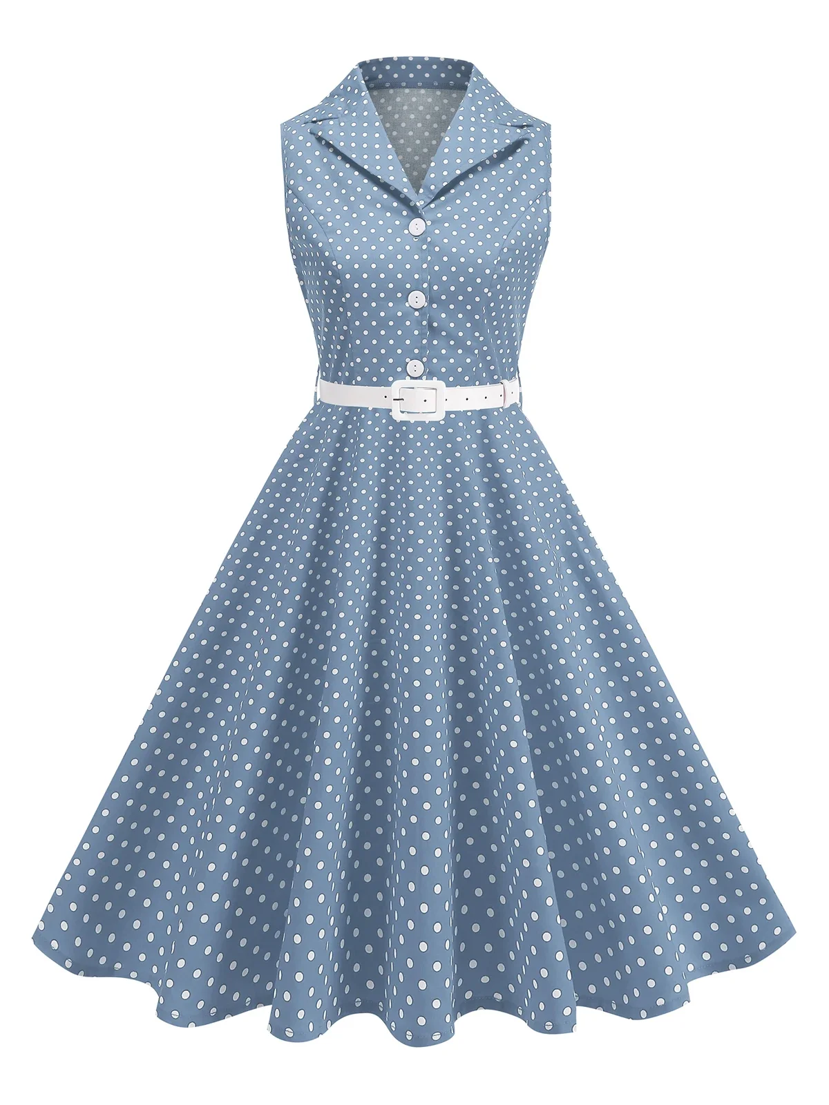2025 Notched Collar Sleeveless Summer Polka Dot Print Women Dress with Belt Button-Up Vintage Clothing Elegant Flare Hem Dresses 
2025 Notched Collar Sleeveless Summer Polka Dot Print Women Dress with Belt Button-Up Vintage Clothing Elegant Flare Hem Dresses