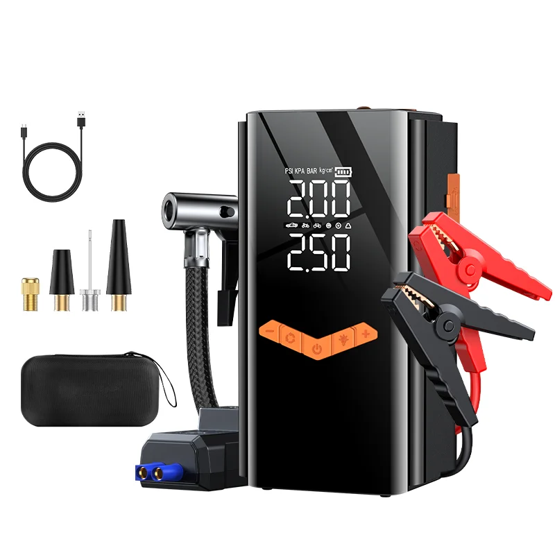 2500A car starter power supply with air compressor, 150PSI car tire inflator, car battery charger, battery booster car jump star
2500A car starter power supply with air compressor, 150PSI car tire inflator, car battery charger, battery booster car jump star