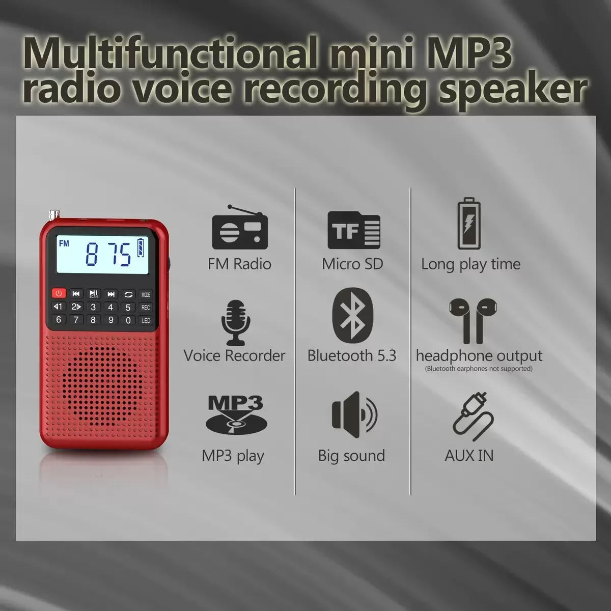 Портативный мини FM-радиоBluetooth-динамик со слотом для TF-карты, фонарик, светодиодный светильник, перезаряжаемая батарея, радиоприемники для бега, прогулок
Портативный мини FM-радиоBluetooth-динамик со слотом для TF-карты, фонарик, светодиодный светильник, перезаряжаемая батарея, радиоприемники для бега, прогулок