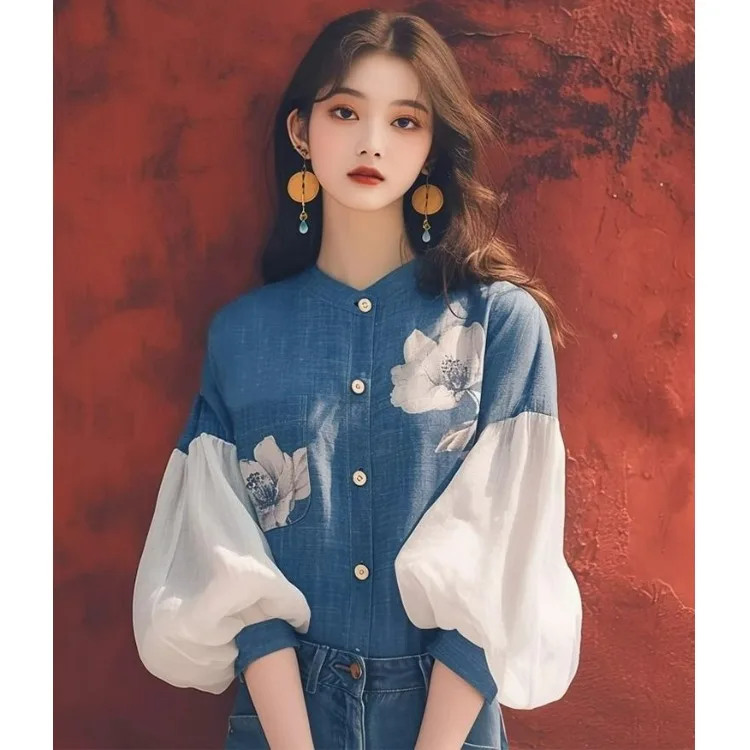 Ele Blue Print Lantern Sve irt Korean Sle Sweet Loose Fit Seven Quarter Sve f High Collar Polyester Fiber
Ele Blue Print Lantern Sve irt Korean Sle Sweet Loose Fit Seven Quarter Sve f High Collar Polyester Fiber