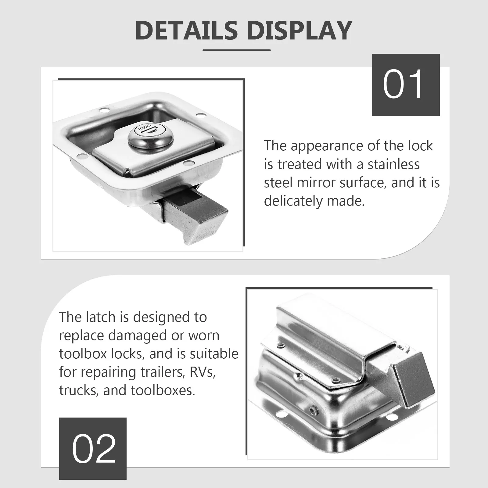 1Set Stainless Steel Rv Door Latch Lock with Mirror Finish Surface Large Inclined Tongue Extra Thick Bolt for Motor Home Travel
1Set Stainless Steel Rv Door Latch Lock with Mirror Finish Surface Large Inclined Tongue Extra Thick Bolt for Motor Home Travel
