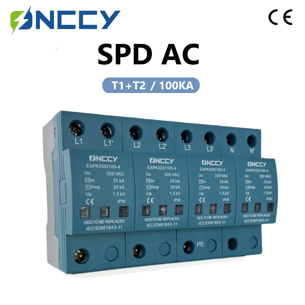 ONCCY 4P Surge Protector 100KA, Surge Arrester T1+T2, Surge Protector 220V 275V - 440V,distribution cabine,Din Rail Installation
ONCCY 4P Surge Protector 100KA, Surge Arrester T1+T2, Surge Protector 220V 275V - 440V,distribution cabine,Din Rail Installation