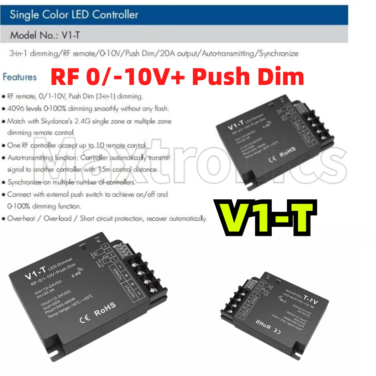 DC12-24V 0-10V V1-T одноцветный светодиодный контроллер 3-в-1 затемнение Push Dim 20A диммер автоматическая передача/инхронизация 240 Вт/480 Вт
DC12-24V 0-10V V1-T одноцветный светодиодный контроллер 3-в-1 затемнение Push Dim 20A диммер автоматическая передача/инхронизация 240 Вт/480 Вт