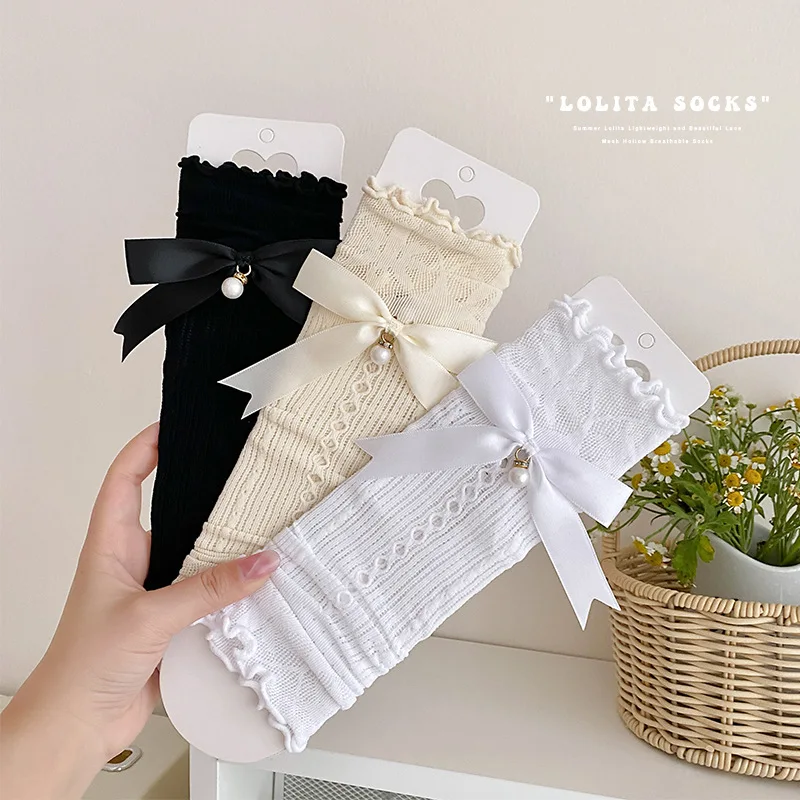 Female Lolita Pearl Bow Tie Thigh-high Stockings Mid-calf Leg Guards with Lace Trim, Floral Pattern, Summer Long-style Socks 
Female Lolita Pearl Bow Tie Thigh-high Stockings Mid-calf Leg Guards with Lace Trim, Floral Pattern, Summer Long-style Socks