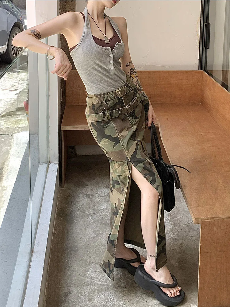Summer Women American Vintage Camouflage Slit Midi Skirt Gyaru Grunge Fashion High Waist Jean Denim Skirt Baddie Style Tide New
Summer Women American Vintage Camouflage Slit Midi Skirt Gyaru Grunge Fashion High Waist Jean Denim Skirt Baddie Style Tide New