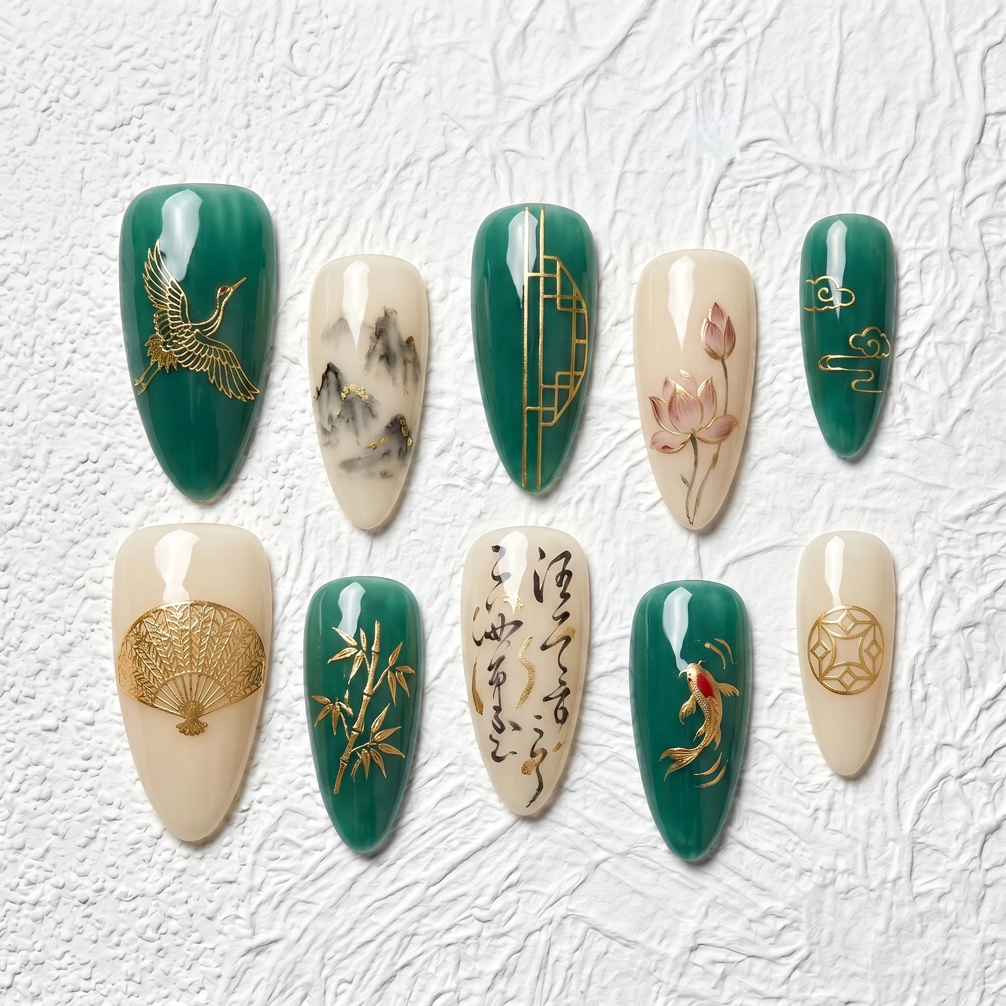 Artisan Handcrafted 10PCS Chinese Cultural Almond Press-On Nails | Emerald Green & Cream | Gold Crane, Bamboo, Lotus, Fan, Calli
Artisan Handcrafted 10PCS Chinese Cultural Almond Press-On Nails | Emerald Green & Cream | Gold Crane, Bamboo, Lotus, Fan, Calli