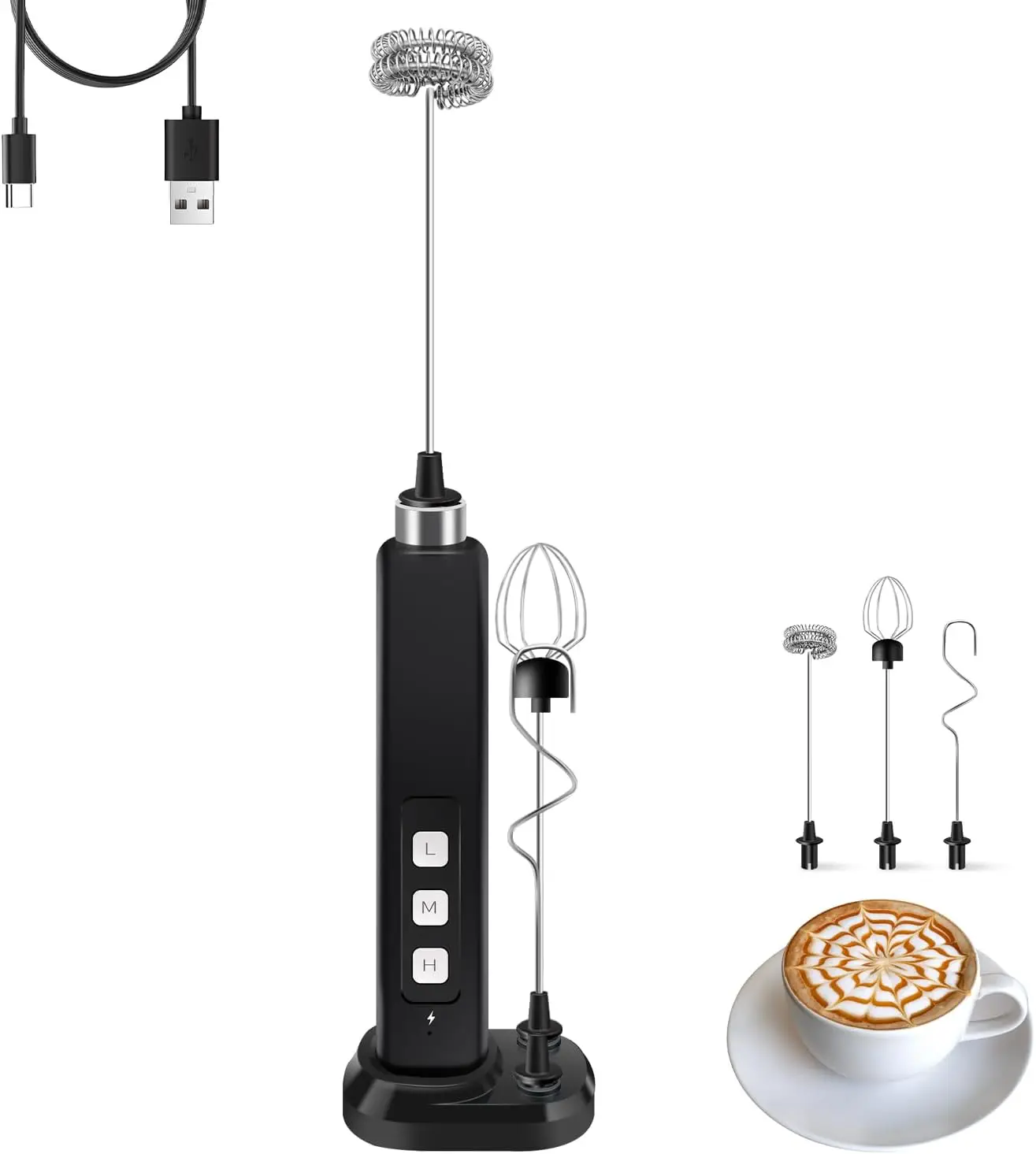 Rechargeable Handheld Milk Frother, 3 Speeds, 3 Stainless Whisks, with Charging Base & Storage
Rechargeable Handheld Milk Frother, 3 Speeds, 3 Stainless Whisks, with Charging Base & Storage