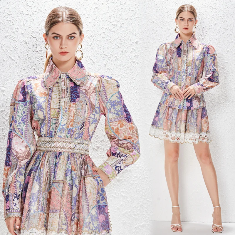 Real Shot Heavy Patchwork Lace Trim Turn-down Collar Single-breasted Puff Sleeve Shirt + Flared Short Skirt Set Women
Real Shot Heavy Patchwork Lace Trim Turn-down Collar Single-breasted Puff Sleeve Shirt + Flared Short Skirt Set Women
