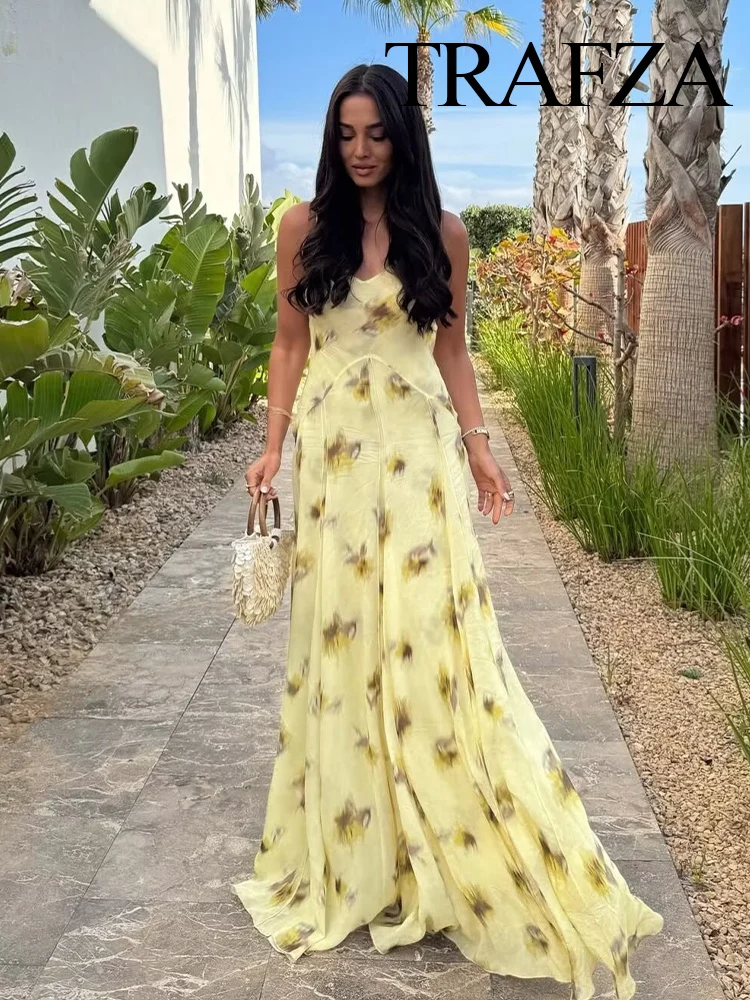 TRAFZA Women's Summer V-neck Beach Vacation Printed Sling Midi Dress Female Elegant Pleated Backless Lace-up Sleeveless Dress
TRAFZA Women's Summer V-neck Beach Vacation Printed Sling Midi Dress Female Elegant Pleated Backless Lace-up Sleeveless Dress