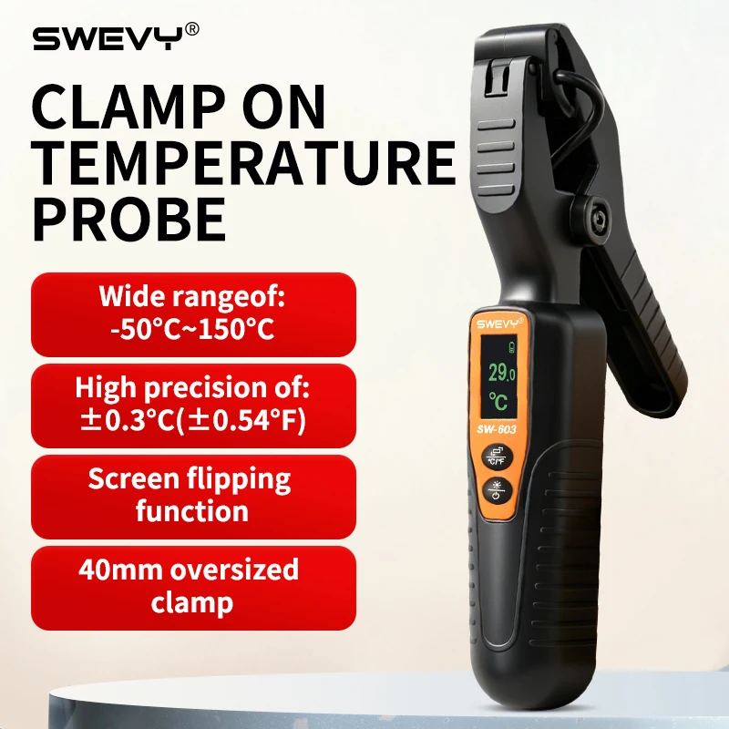 Высокоточный зажимной термометр SWEVY с датчиком от -50 до 150 градусов Цельсия, зажим с большими губками 40 мм и функцией откидывания экрана
Высокоточный зажимной термометр SWEVY с датчиком от -50 до 150 градусов Цельсия, зажим с большими губками 40 мм и функцией откидывания экрана