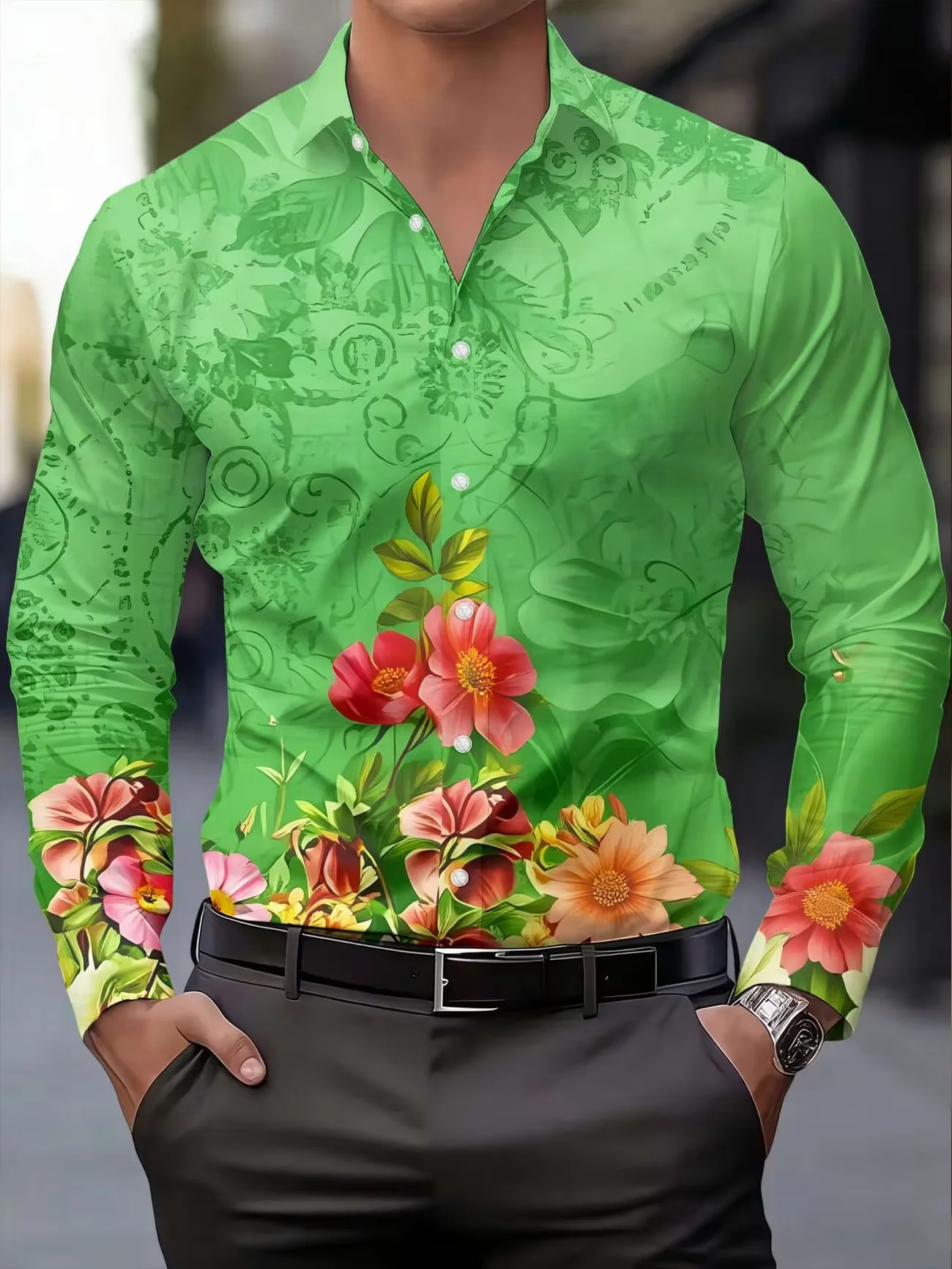 New green background colorful floral print men's long sleeved shirt, fresh vacation style slim fit casual shirt
New green background colorful floral print men's long sleeved shirt, fresh vacation style slim fit casual shirt