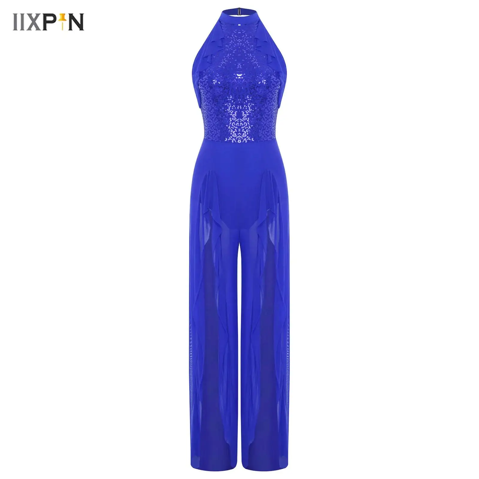 Womens Lyrical Dance Costume Sequins Halter Sleeveless Back Cut Mesh Tulle Flowy Side Slit Long Pants Jumpsuit for Morden Dance
Womens Lyrical Dance Costume Sequins Halter Sleeveless Back Cut Mesh Tulle Flowy Side Slit Long Pants Jumpsuit for Morden Dance