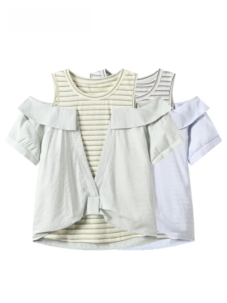 Loose Striped Women's Short Sleeve Shirt Summer New Style plus Size Casual Fashion Fake Two-Piece Meat Concealing Top
Loose Striped Women's Short Sleeve Shirt Summer New Style plus Size Casual Fashion Fake Two-Piece Meat Concealing Top