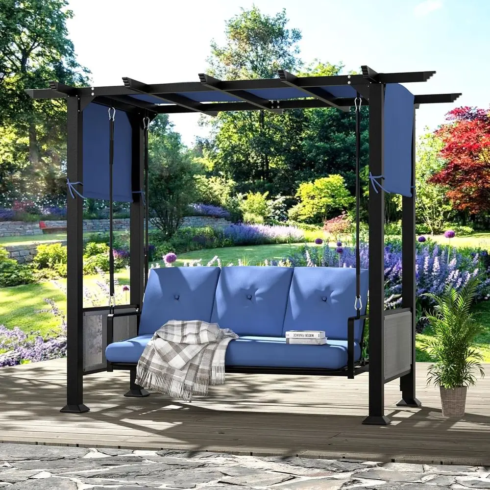 Blue 3-Seat Metal Outdoor Swing Bed with Cushion and Adjustable Curtains for Patio, Porch, or Garden
Blue 3-Seat Metal Outdoor Swing Bed with Cushion and Adjustable Curtains for Patio, Porch, or Garden