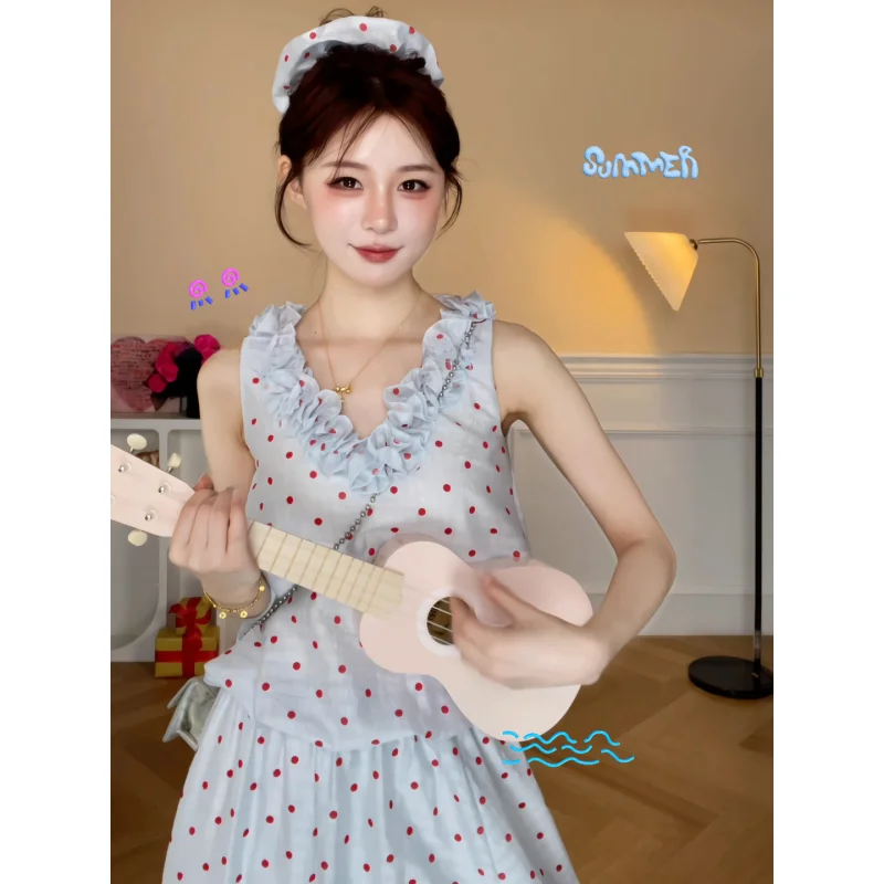 Korean Sweet Style Wood Grain V-neck Polka Dot Sleeveless Women's Beautiful Long Dress Set Casual Loose Fit Summer Fashion
Korean Sweet Style Wood Grain V-neck Polka Dot Sleeveless Women's Beautiful Long Dress Set Casual Loose Fit Summer Fashion