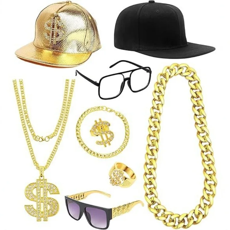 80s 90s Hip-hop Costume Outfit Metal Chain Flat Top Sunglasses Rapper Big Chain Necklace and Bracelet Hip Hop Gold Cap
80s 90s Hip-hop Costume Outfit Metal Chain Flat Top Sunglasses Rapper Big Chain Necklace and Bracelet Hip Hop Gold Cap