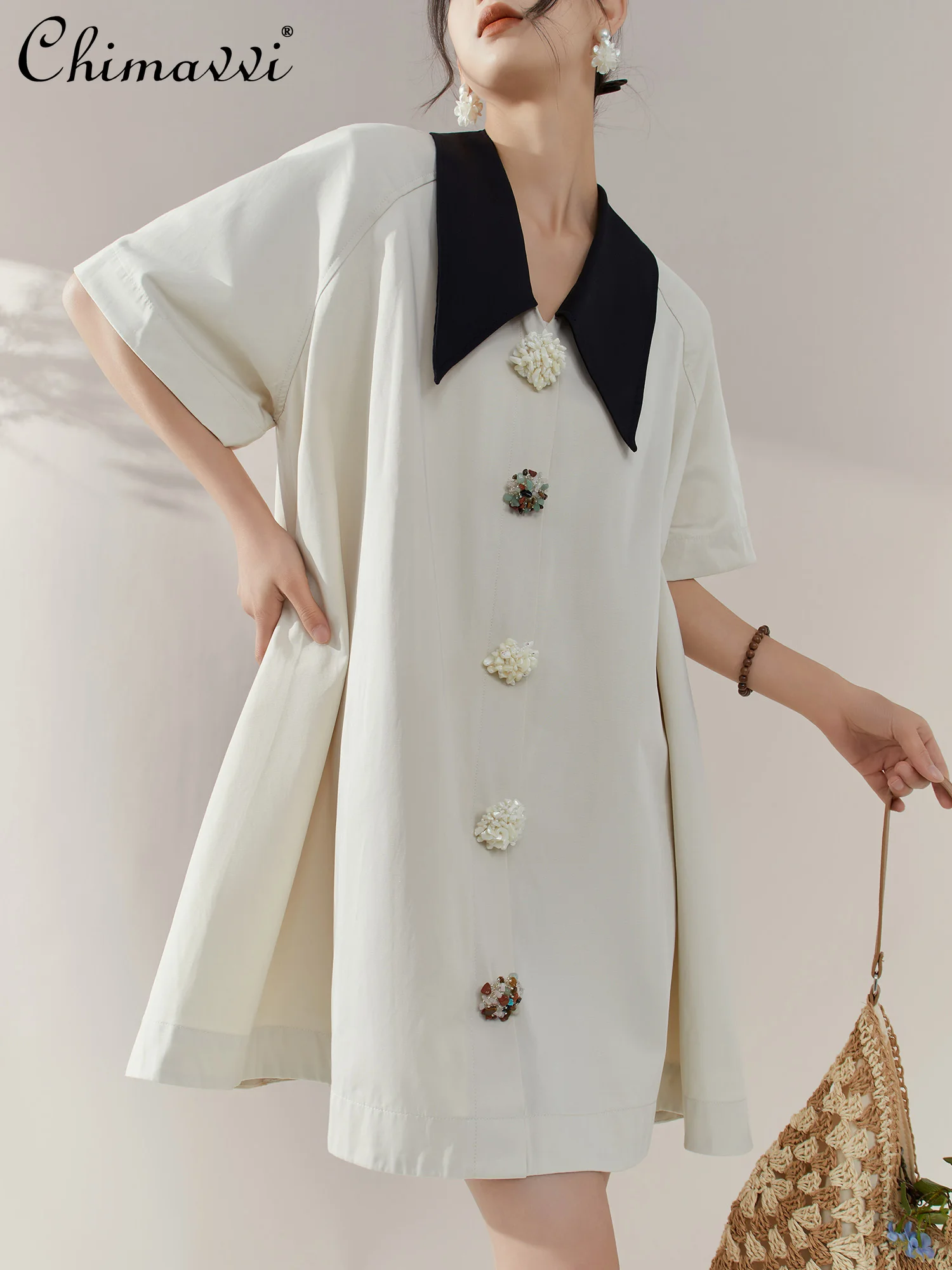 French Elegant Vintage White Dresses Polo Neck Short Sleeve Beaded Single-Breasted Loose Waist A-line Casual Summer Dress Women
French Elegant Vintage White Dresses Polo Neck Short Sleeve Beaded Single-Breasted Loose Waist A-line Casual Summer Dress Women