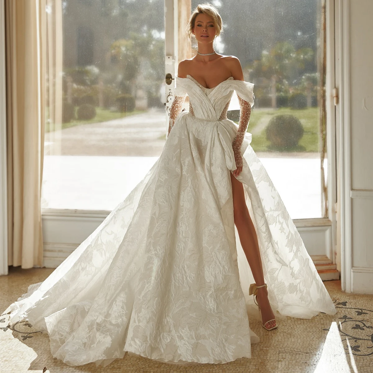 Luxury Off Shoulder Beaded Lace Wedding Dresses With Slit Bow Pleated Long Ball Gown For Bride Bridal Gown Vestidos novia
Luxury Off Shoulder Beaded Lace Wedding Dresses With Slit Bow Pleated Long Ball Gown For Bride Bridal Gown Vestidos novia