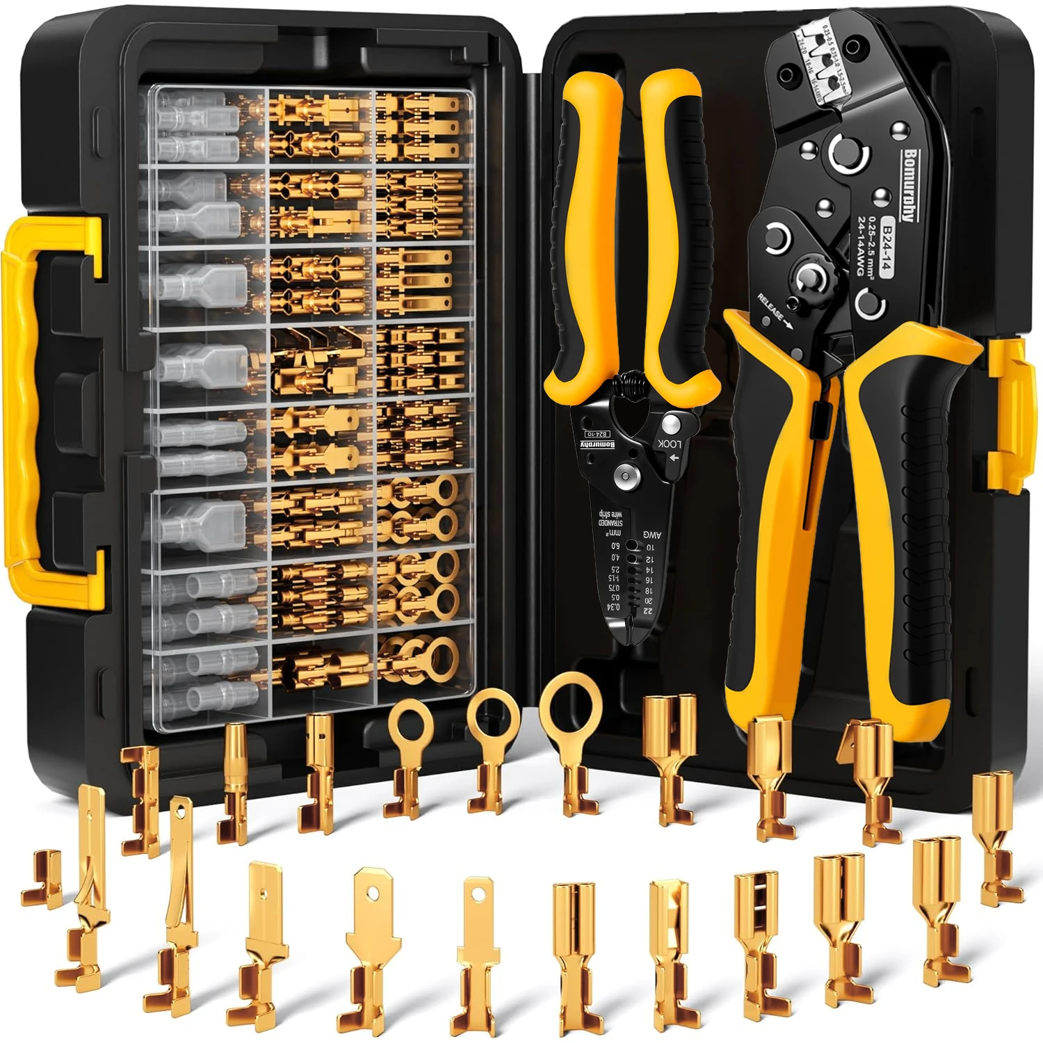 Crimper Tool Kit with Wire Stripper,21-Type 2.8-6.3mm Open Spade & Quick Disconnect Terminals 24-14 AWG for Auto,Appliance,DIY
Crimper Tool Kit with Wire Stripper,21-Type 2.8-6.3mm Open Spade & Quick Disconnect Terminals 24-14 AWG for Auto,Appliance,DIY