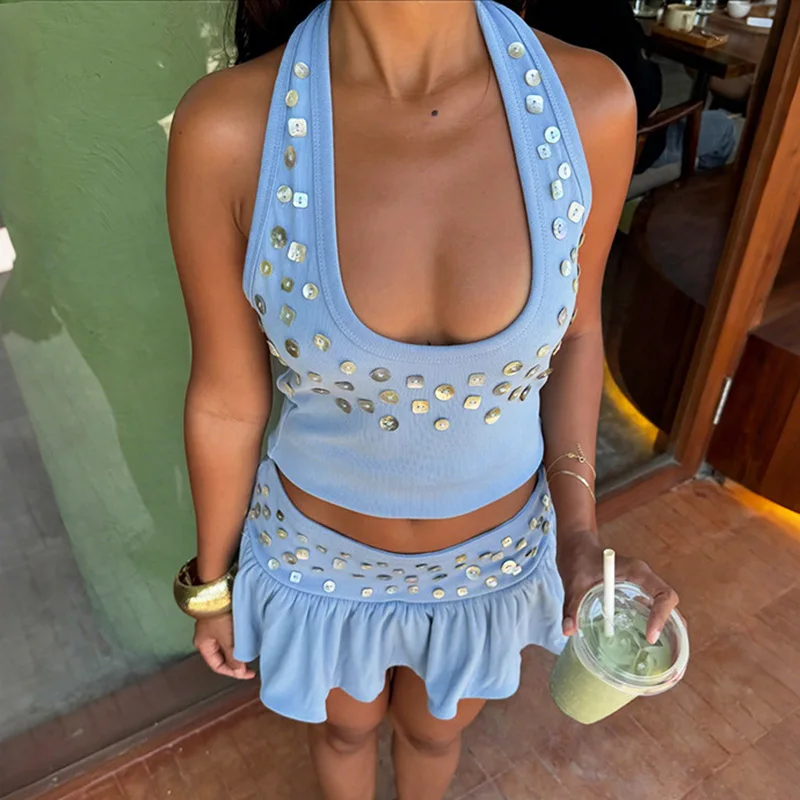 Ticketsx Сексуальное короткое платье Комплект однотонного платья с лямкой на шее и открытой спиной Топ с высокой талией и рюшами Комплект модных женских платьев для пляжного отдыха
Ticketsx Сексуальное короткое платье Комплект однотонного платья с лямкой на шее и открытой спиной Топ с высокой талией и рюшами Комплект модных женских платьев для пляжного отдыха