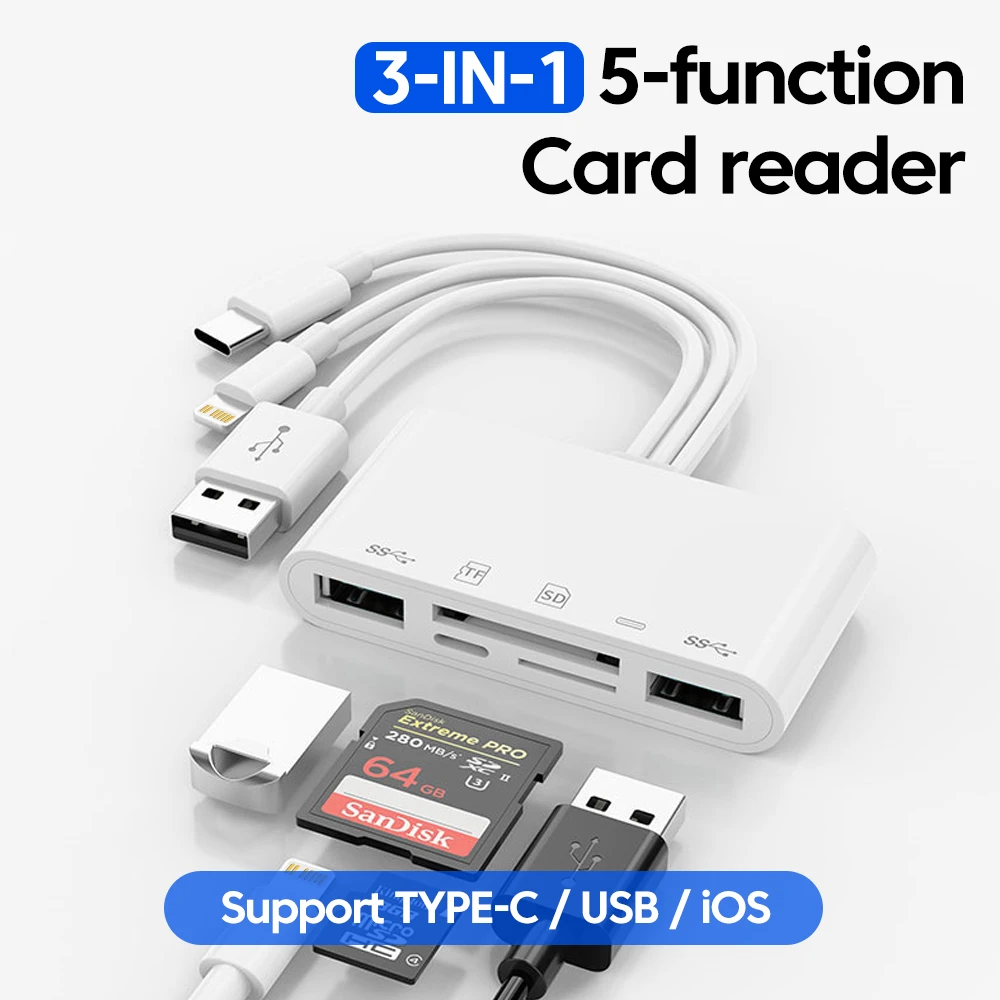 5 in 1 USB 3.0 OTG Adapter Type C/USB/iOS to SD TF Memory Card Reader with Charging Port for iPhone iPad Xiaomi Samsung Huawei
5 in 1 USB 3.0 OTG Adapter Type C/USB/iOS to SD TF Memory Card Reader with Charging Port for iPhone iPad Xiaomi Samsung Huawei