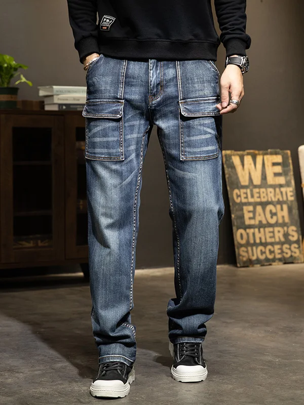 Retro Waed Multiple ket Men's Jeans Loose Straight Leg Workwear Blue Denim mid Waist Zipper Fly Winter Season Sle
Retro Waed Multiple ket Men's Jeans Loose Straight Leg Workwear Blue Denim mid Waist Zipper Fly Winter Season Sle