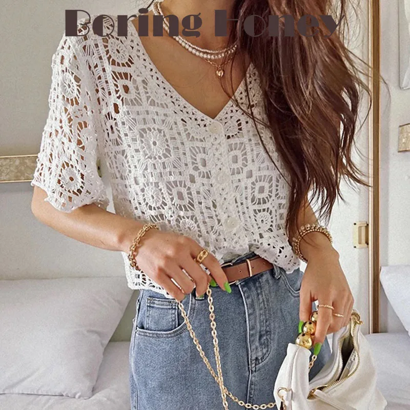 Boring Honey Korean Style V-Neck Chic Thin Pure Color Crochet Tops Women Single-Breasted Short Sleeves Beach Out T Shirts Women
Boring Honey Korean Style V-Neck Chic Thin Pure Color Crochet Tops Women Single-Breasted Short Sleeves Beach Out T Shirts Women