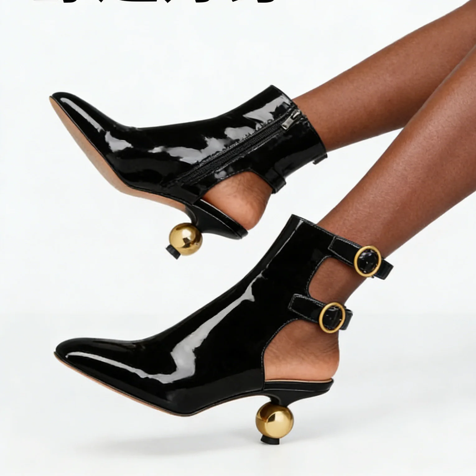 Black Patent Leather Ankle Boots Gold Ball Heel Hollow Summer Boots Buckle Strap Pointed Mid Heel Side Zipper Fashion Boots
Black Patent Leather Ankle Boots Gold Ball Heel Hollow Summer Boots Buckle Strap Pointed Mid Heel Side Zipper Fashion Boots
