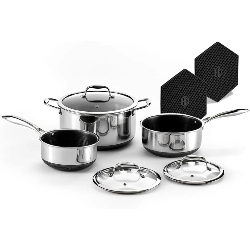 Hybrid Nonstick 6-piece Pot Set with 2 Silicone Trivets, 2, 3, and 8-quart Pots with Tempered Glass Lids, Cookware Sets
Hybrid Nonstick 6-piece Pot Set with 2 Silicone Trivets, 2, 3, and 8-quart Pots with Tempered Glass Lids, Cookware Sets