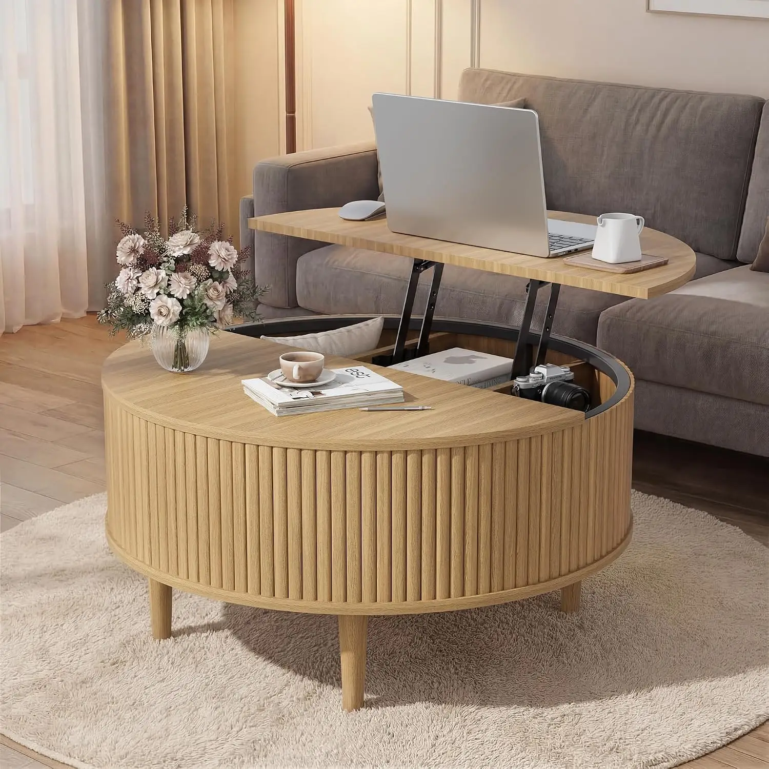 Round Fluted Lift Top Coffee Table, Mid Century Modern Center Table With Four Hidden Storage Compartments, Farmhouse Cocktail Table For Living Room Home Office Small Space, Oak Color
Round Fluted Lift Top Coffee Table, Mid Century Modern Center Table With Four Hidden Storage Compartments, Farmhouse Cocktail Table For Living Room Home Office Small Space, Oak Color