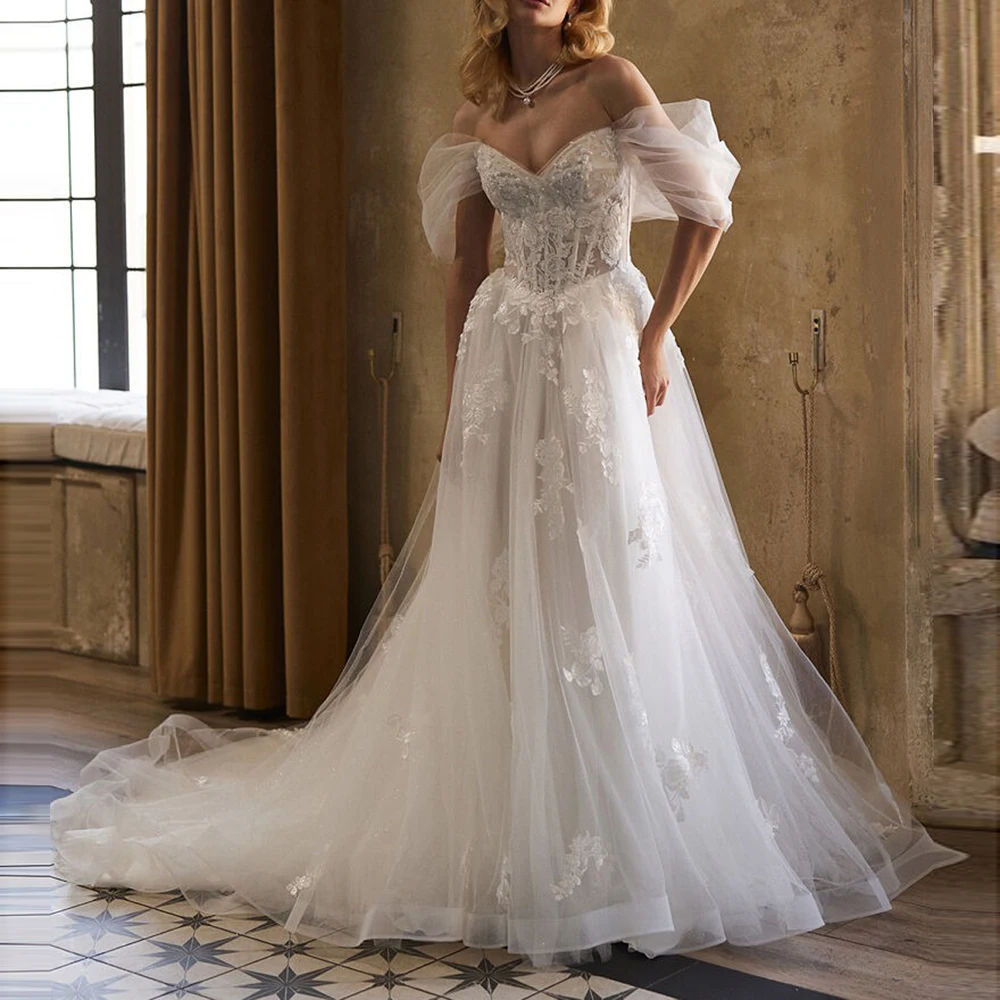 Off Shoulder Tulle A-line Lace Boho Wedding Dress Applliques Sweep Train Backless Classic Bridal Dress Custom свадебное
Off Shoulder Tulle A-line Lace Boho Wedding Dress Applliques Sweep Train Backless Classic Bridal Dress Custom свадебное