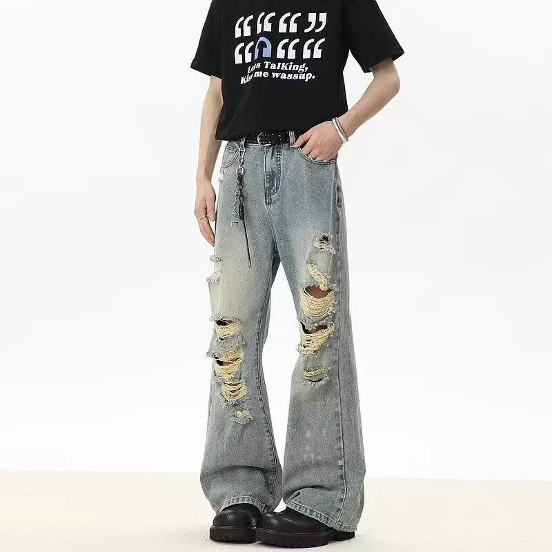 Men's Loose Straight Denim Jeans with Vintage Washed, Distressed, and Micro Flare Design - Trendy Streetwear Style
Men's Loose Straight Denim Jeans with Vintage Washed, Distressed, and Micro Flare Design - Trendy Streetwear Style