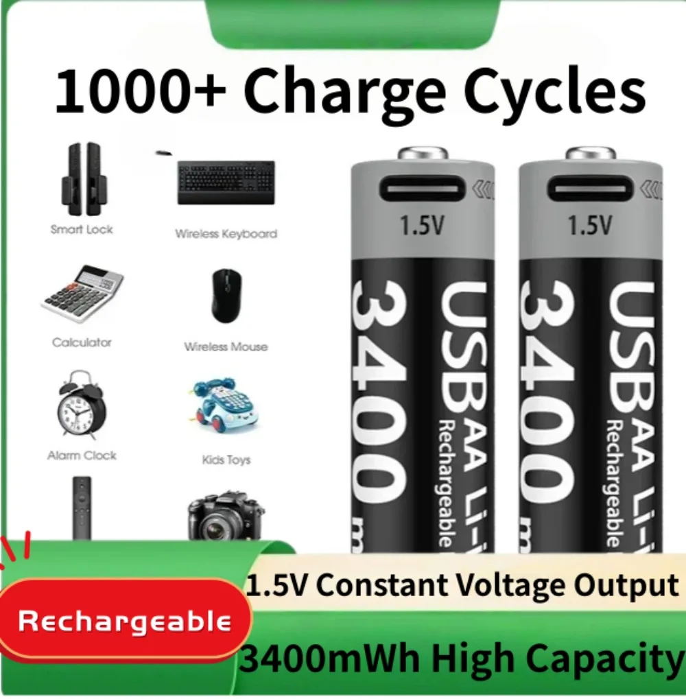 3400mWh AA Rechargeable Lithium Batteries, 1.5V Li-ion AA Battery with USB Type-C Connector, 4 Pack with Splitter Charging Cable
3400mWh AA Rechargeable Lithium Batteries, 1.5V Li-ion AA Battery with USB Type-C Connector, 4 Pack with Splitter Charging Cable