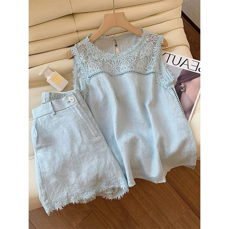 Crochet Lace Women's Two-piece Set Summer Korean Style Imitation Cotton Linen Fabric Tops & Splicing Zipper Blue Loose Shorts
Crochet Lace Women's Two-piece Set Summer Korean Style Imitation Cotton Linen Fabric Tops & Splicing Zipper Blue Loose Shorts